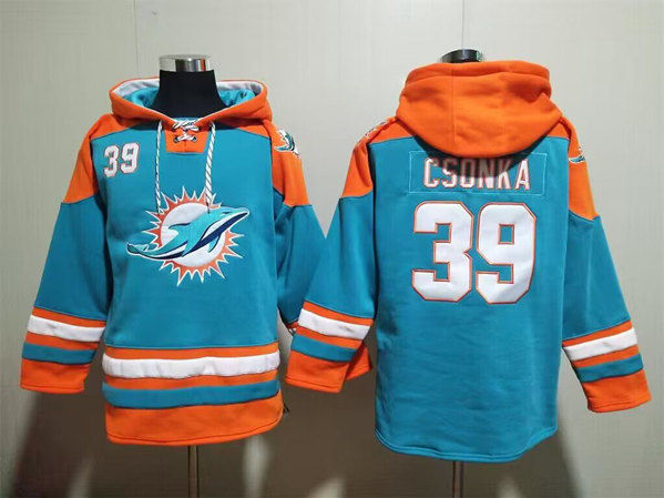 Men's Miami Dolphins #39 Larry Csonka Aqua Lace-Up Pullover Hoodie